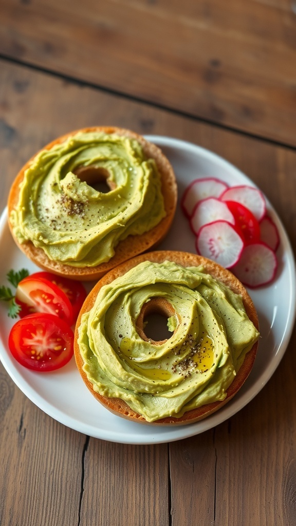 Toasted bagel halves topped with mashed avocado, garnished with salt and pepper, served with fresh tomato and radish slices.